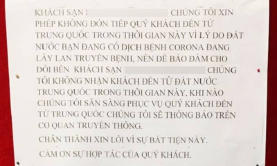 Sợ dịch bệnh, một khách sạn ở Đà Nẵng dán bảng thông báo ngưng phục vụ khách Trung Quốc