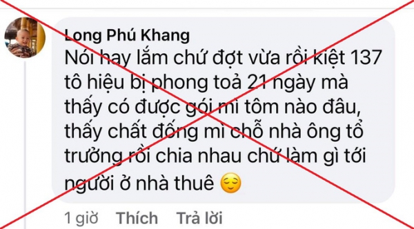 Bị xử lý vì bình luận sai sự thật “chất đống mì tôm nhà ông tổ trưởng rồi chia nhau&quot;