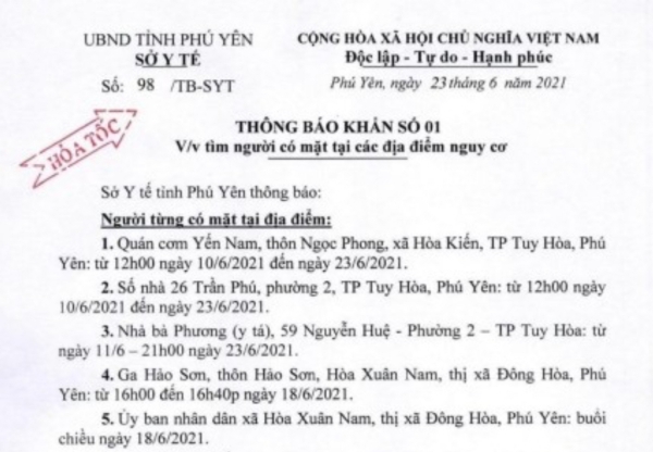 Bình Định thông báo khẩn tìm người liên quan các điểm nguy cơ ở Phú Yên