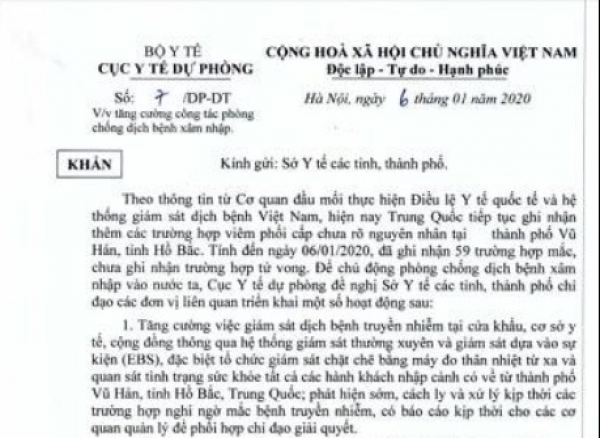 55 ca mắc viêm phổi lạ tại Trung Quốc, Bộ Y tế ra công văn khẩn