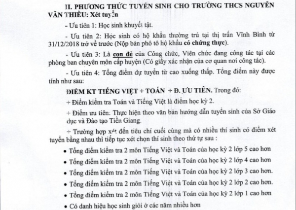 Tiền Giang: Không có việc ưu tiên tuyển con cán bộ vào lớp 6 ở huyện Gò Công Tây