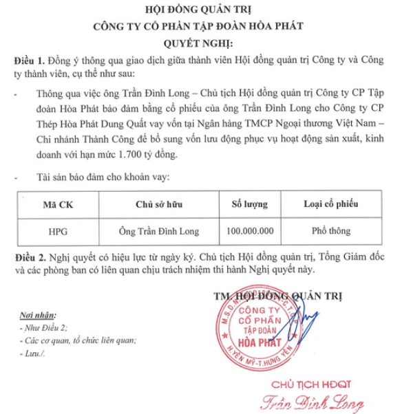 Ông Trần Đình Long thế chấp 100 triệu cổ phiếu vay 1.700 tỉ đồng cho dự án thép Dung Quất