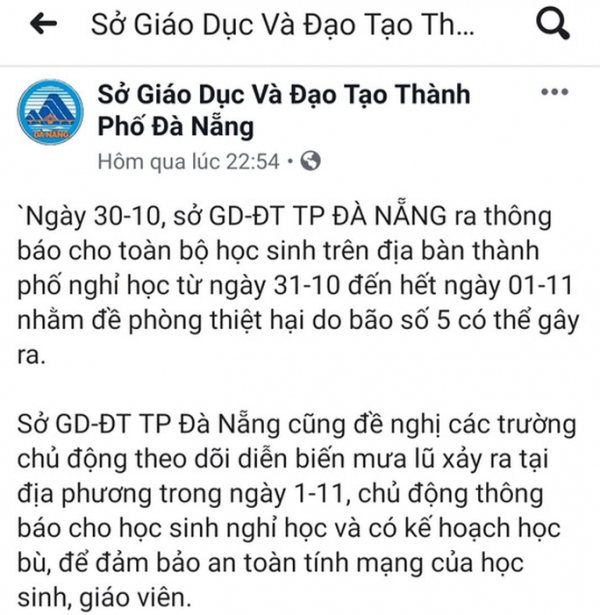 Giả công văn Sở GD-ĐT để thông báo cho học sinh toàn Đà Nẵng nghỉ học