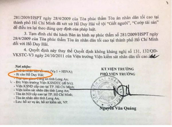 Tử tù Hồ Duy Hải chưa nhận được kháng nghị của VKSND Tối cao?