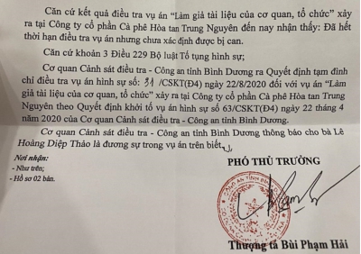 Tạm đình chỉ điều tra vụ án hình sự tại Công ty CP cà phê hòa tan Trung Nguyên