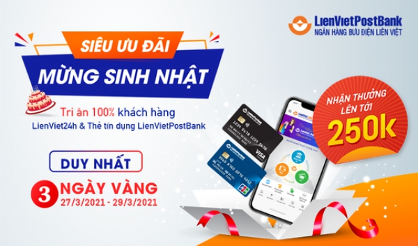 Tặng 100.000 đồng cho khách hàng kích hoạt thẻ tín dụng trên LienViet24h