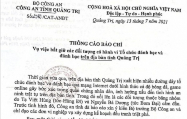 Công an thông tin về đường dây đánh bạc hàng trăm tỉ đồng ở Quảng Trị