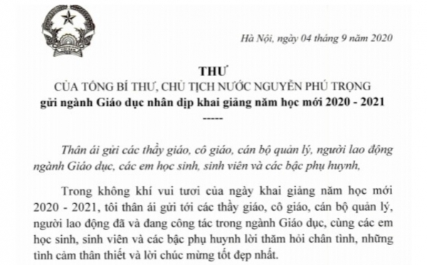 Tổng Bí thư, Chủ tịch nước gửi thư cho thầy, trò cả nước nhân khai giảng năm học mới